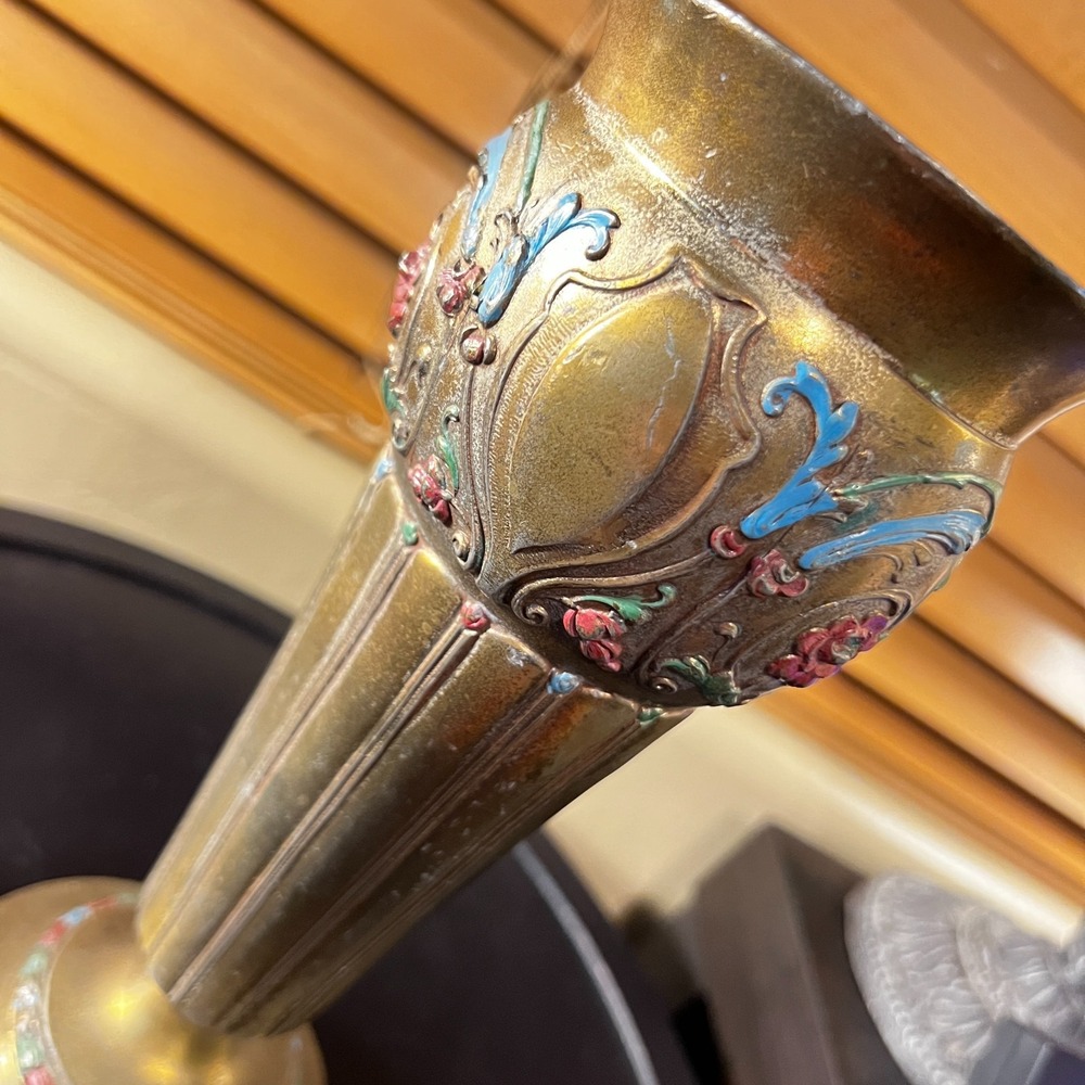 Vintage Etched Brass & Enamel Floral Vase Boho Decor 9.5 Inch Tall - Picture 9 of 15